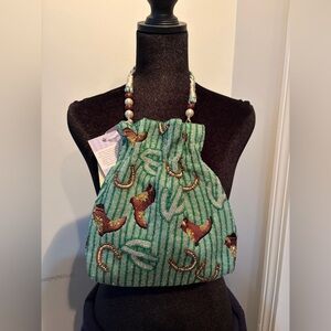 Embroidered  Western inspired Green Drawstring Bag